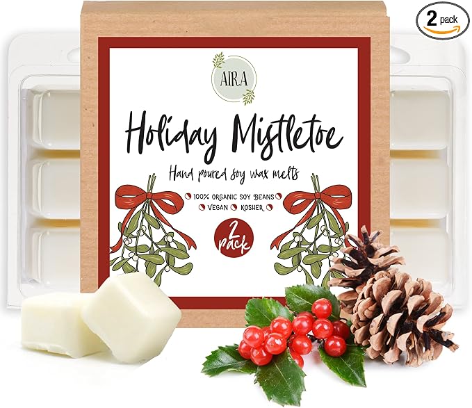 Aira Christmas Wax Melt - Organic, Vegan, Kosher, Scented Soy Wax Cubes w/Essential Oils - No Chemical 100% Soy Wax Melts for Electric/Tealight Melters - Hand-Poured Soy Tarts - Mistletoe - 2 Pack