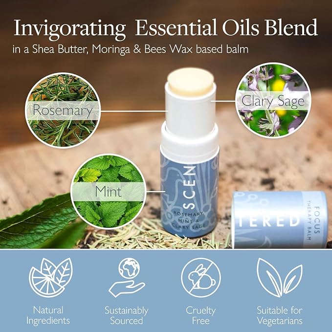 Scentered Aromatherapy Balm Stick for Focus & Concentration - Roll On Essential Oils Blend with Rosemary, Mint, Clary Sage in Shea Butter - Aromatherapy Gifts for Women