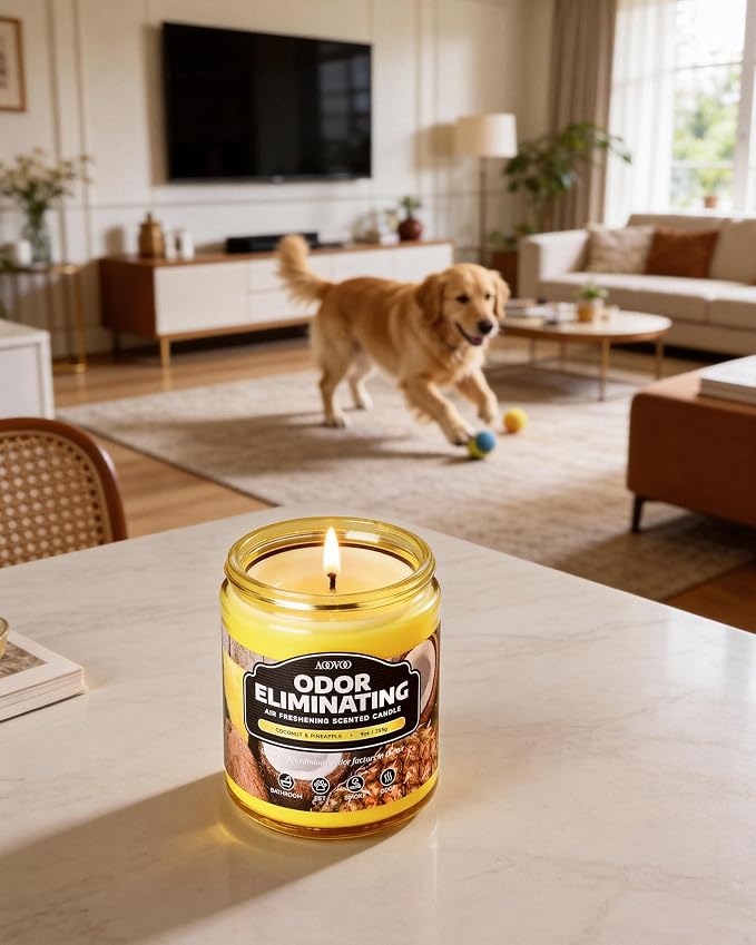 AOOVOO Coconut Pineapple Odor Eliminating Highly Fragranced Candle - Eliminates 95% of Pet, Smoke, Food, and Other Smells Quickly, Air Freshing Soy Candle, 9 oz Up to 50 Hours Burn time