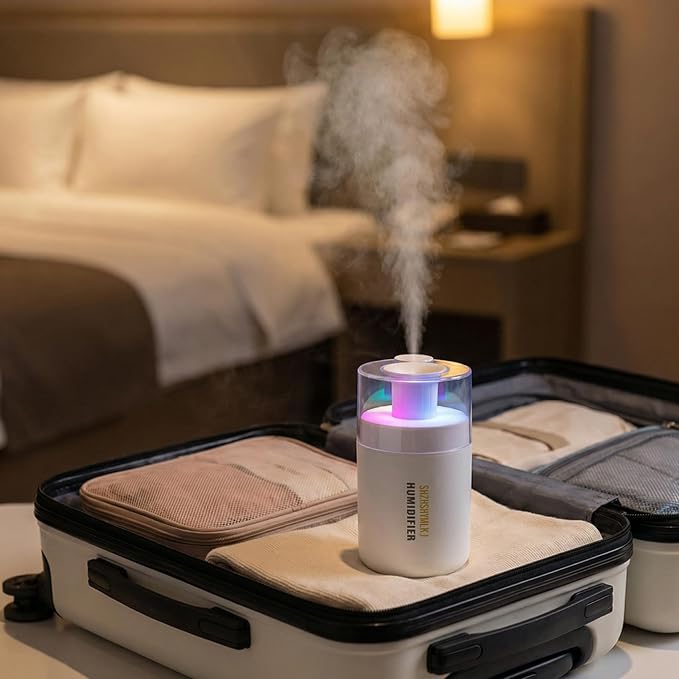 Mini Humidifier, 2-in-1 Aroma Diffuser & Humidifier, 7-Color LED Night Light, USB Portable, 4H/8H Timer, Auto Shut-Off, for Travel, Hotel, Car, Office, Personal Use (white, 2.8*3.2*4.7)