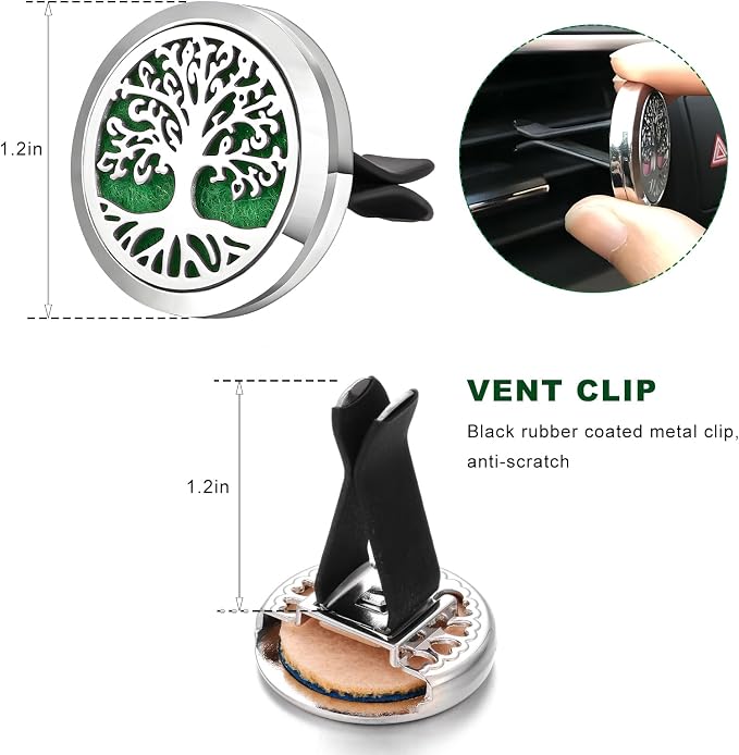 2 PCS Car Diffuser Vent Clips, Tree Pattern Essential Oil Diffuser Vent Clips with 12 Felt Pads, Stainless Steel Auto Air Fresheners Decorative Locket Clip for Women Men (Silver)