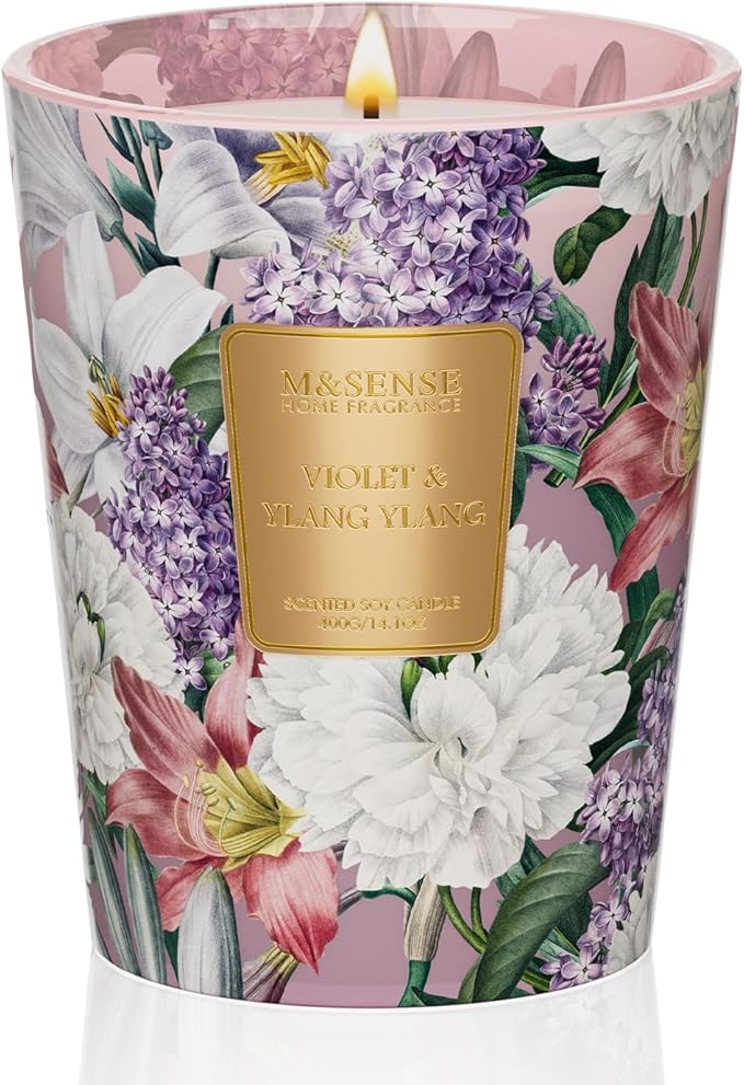 M&SENSE Violet Ylang Ylang Natural Soy Scented Candle, 14.1oz 60H Slow Burning, Calming Sleep Aromatherapy Candle, Summer Gifts for Women