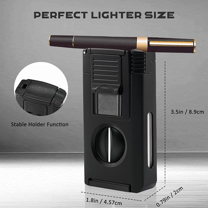 5-in-1 Dual Jet Flame Butane Torch Lighter Built-in V Cutter, Punch, Holder, Draw Enhancer Tool, Windproof Refillable Butane Lighter Gift for Men, Cool Lighters for Candle, Outdoor (No Gas)