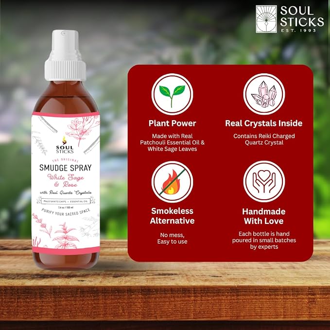 SOUL STICKS White Sage & Rose Smudge Spray For Cleansing and Negative Energy | 3.5oz Sage Smudge Spray with Real Quartz Crystals | Car Air Freshner Fragrance Sage Room Spray for Spiritual Cleansing