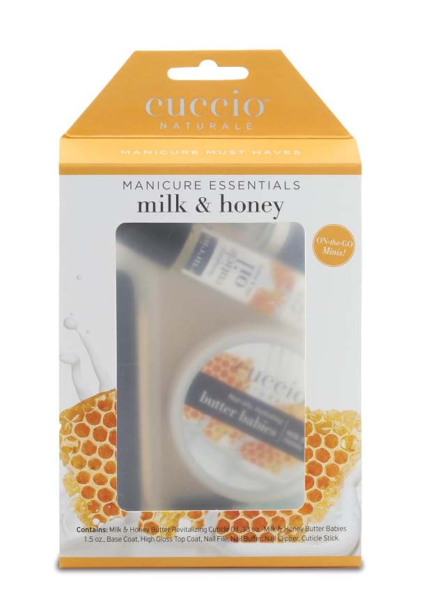 Cuccio Naturale Manicure Essentials Starter Set, Milk & Honey, 8-Piece At-Home Manicure Kit with Body Butter 1.5 oz, Cuticle Oil Roll-On 10 mL, Base & Top Coat, Nail Tools