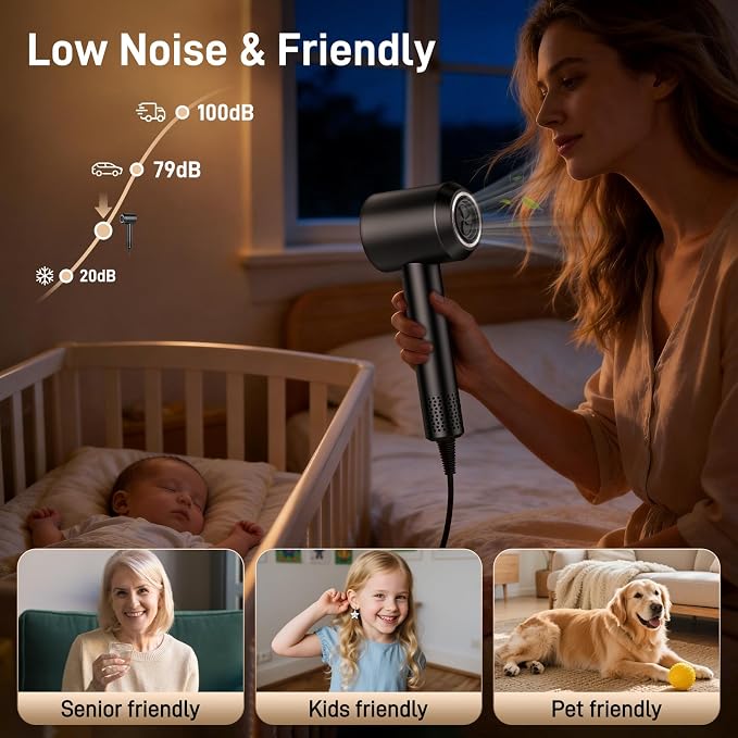 Hair Dryer, 180,000 RPM High-Speed Ionic Blow Dryer with Brushless Motor, 500 Million Negative Ions, LED Display, Low-Noise Professional Hairdryer for Fast Drying, Magnetic Diffuser for Home & Travel