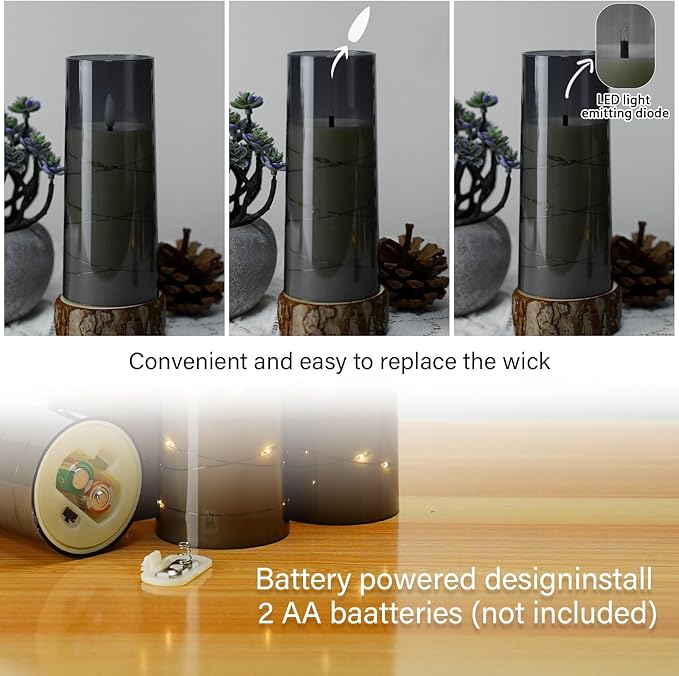 kakoya Flameless LED Candles with Timer 5 Pc Flickering Flameless Candles for Romantic Ambiance and Home Decoration Stable Acrylic Shell,with Embedded Star String，Battery Operated Candles（Grey）