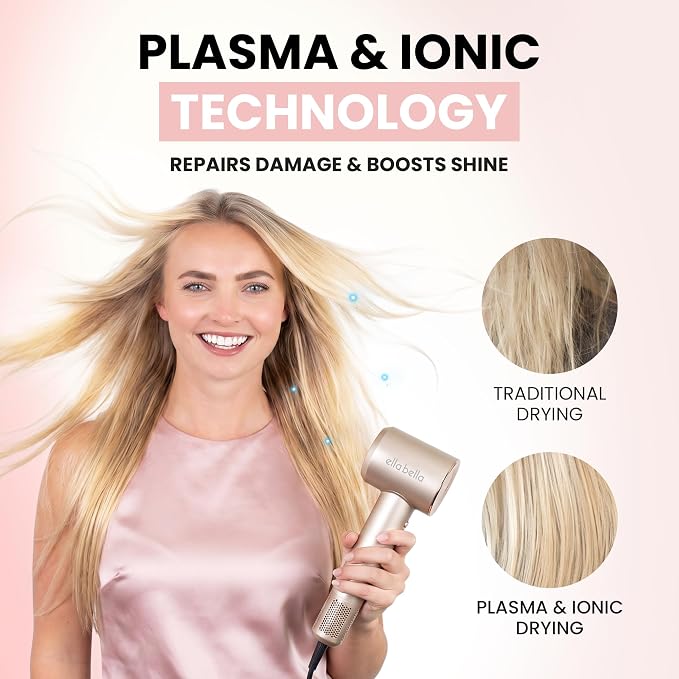 ELLA BELLA® Compact Plasma Hair Dryer, Advanced Plasma Technology Blow Dryer with Digital Display, Rapid Drying, Low Noise, & Luxury Velvet Travel Bag - Includes Diffuser & Nozzle- for All Hair Types