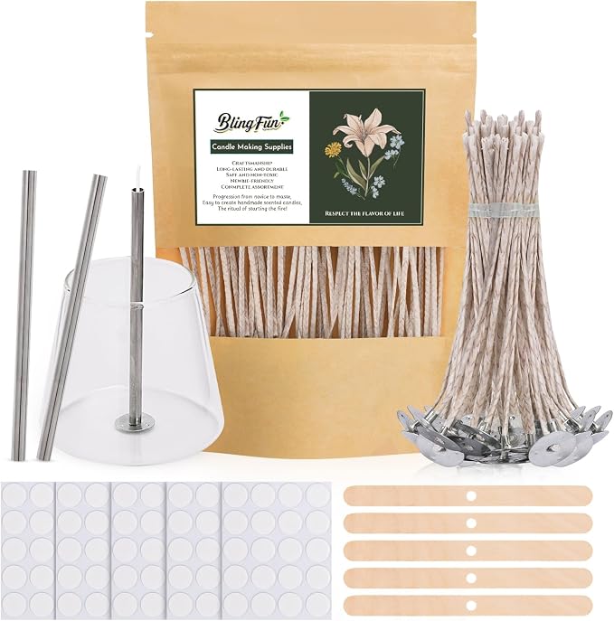200pcs Natural Candle Wick kit,100pcs Wick Stickers with 5pcs Wick Holders and 2pcs Wick Placing Tube，for Soy Wax, Beeswax, Coconut Wax - DIY Candle Making Supplies for Beginners & Professionals