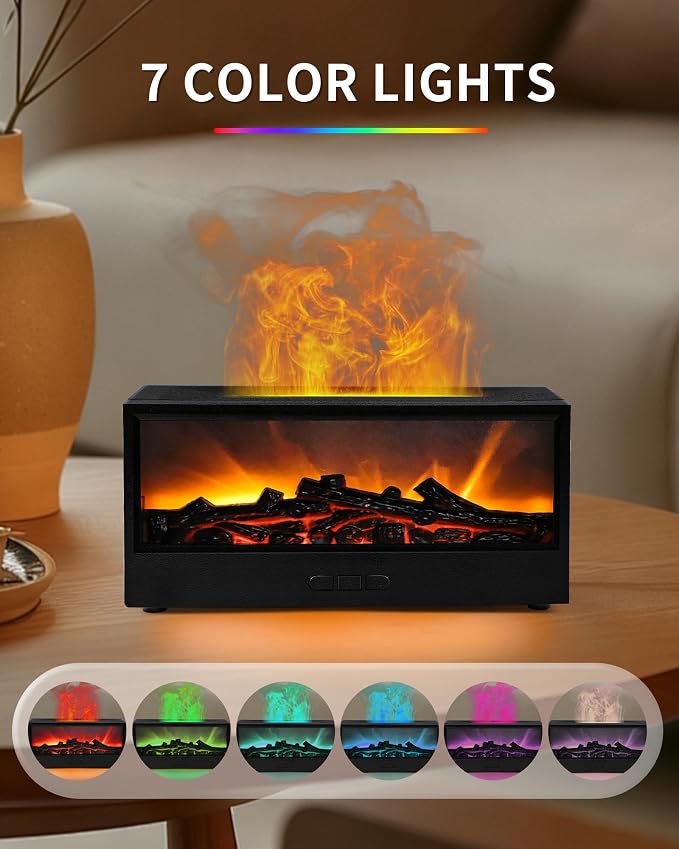 Essential Oil Diffuser, 7-Color Fireplace Flame Aromatherapy Humidifier, 150ml Ultrasonic Humidifier with Remote Control, Timer & Auto-Off, Gift for Bedroom Home Office and Yoga