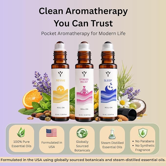 Essential Oil Roll On Set (3 Pack) – Sleep, Stress Relief & Revive Aromatherapy Rollers – Pre-Diluted Travel Size Blends for Relaxation & Bedtime – Wellness Gift for Women
