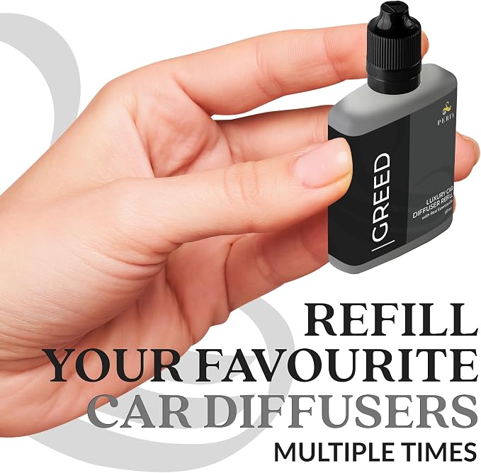 Greed Diffuser Refill 50ml Bottle | Strong Car Freshener with Car Odour Eliminator Technology | Long Lasting Automotive Car Air Freshener by Perfa