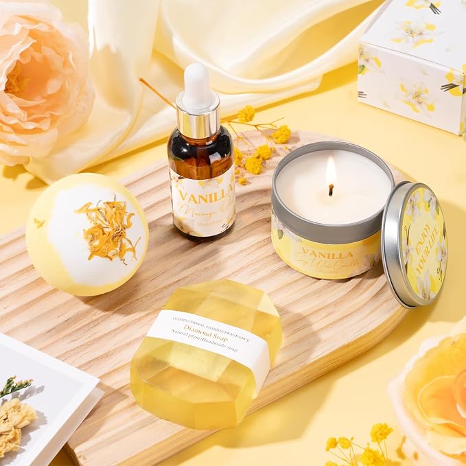 Birthday Gifts for Women, Relaxing Spa Gift Baskets for Women, Warm Vanilla Self Care Package Gifts, Mothers Day Bath and Body Inspirational Gift Set for Mom, Her, Wife, Best Friend, Sister, Coworker