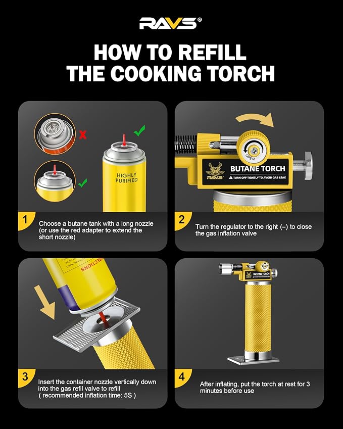 RAVS DUAL Flame Mode Butane Torch Lighter, Refillable Kitchen Torch, Metal Body Blow Torch for Baking with Adjustable Flame & Safety Buckle, Yellow Mini Torch Soldering Torch, Butane Gas Not Included