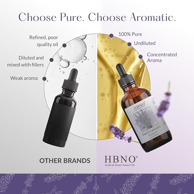 HBNO California Bottled Dutch Lavender Essential Oil 4 fl oz (120ml) - Natural Lavender Oil for Skin, Perfect for Cleaning, Aromatherapy, DIY & Diffuser