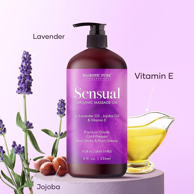 MAJESTIC PURE Organic Sensual Massage Oil for Massage Therapy - Refreshing, and Relaxing - Natural Oils for Date Night with Vitamin E - for All Skin Types - Men and Women Massage Lotion- 8 fl oz