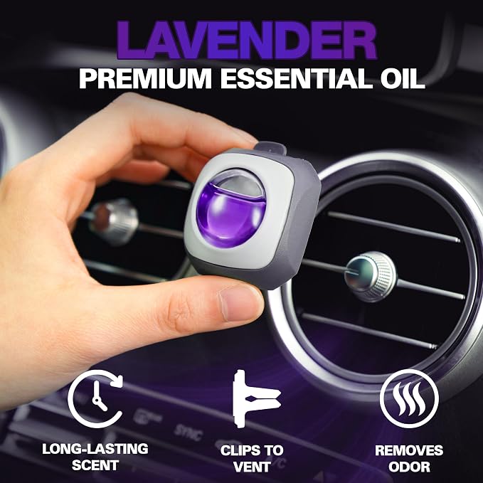 Air Jungles Lavender Scent Car Air Freshener Vent Clip, 6 Count Long Lasting Up to 180 days, Natural Essential Oil Car Fragrance for Women and Men, Odor Eliminator - 4ml Each
