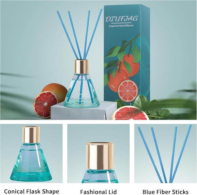 Australian Grapefruit Reed Diffuser with 8 Blue Fiber Sticks,100ml Scent Diffuser for Bedroom Bathroom Living Room,Last Up 30 Days