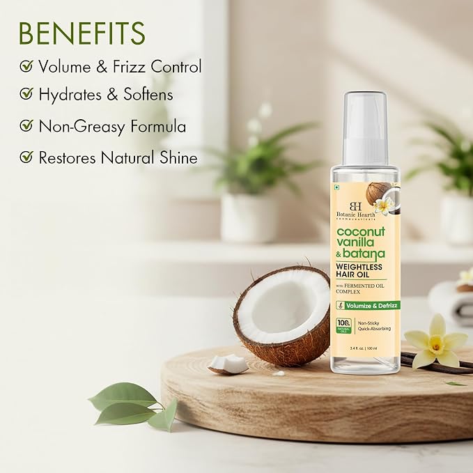 Botanic Hearth Coconut Vanilla & Batana Weightless Hair Oil, 3.4 fl oz |With Batana Oil, Coconut Oil & Vanilla | Lightweight Non-Greasy Formula | Smooth, Silky Hair & Shine | For Thin, Fine & Dry Hair