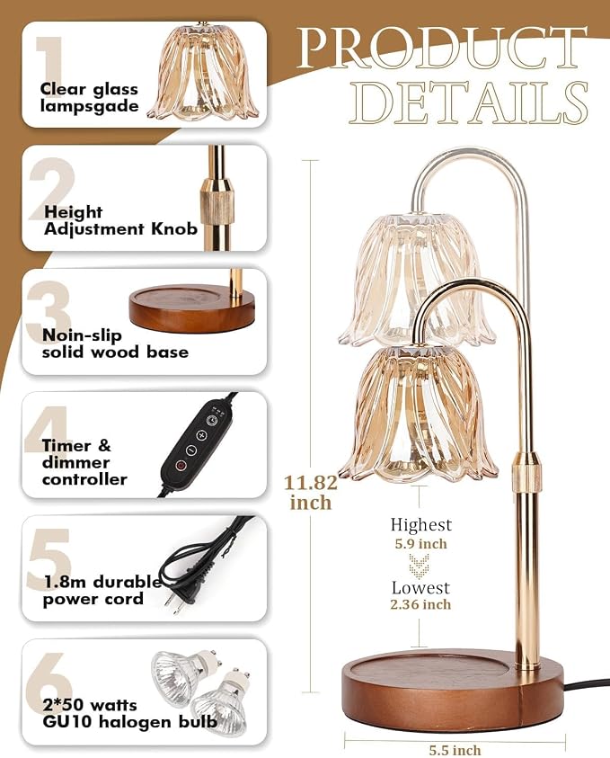 Funistree Candle Warmer Lamp, Gold Candle Lamp Warmer with Timer & Dimmer with 2 Bulbs, Mothers Day Birthday Gifts for Women Mom, House Warming Gift New Home Bedroom Decor, Height Adjustable