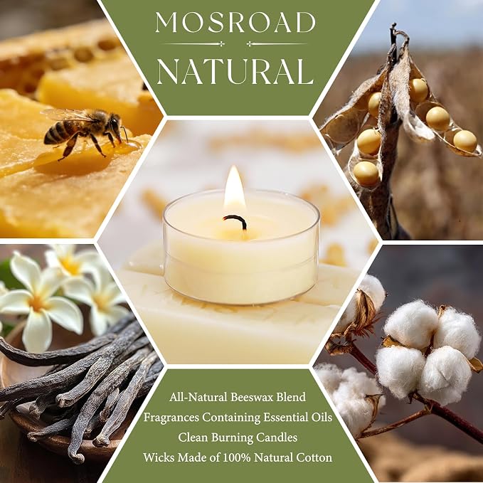 Vanilla Scented Beeswax Blend Tealight Candles – 16 Pack, 4-Hour Burn, Natural Soy & Beeswax Tea Lights, Non-Toxic Small Scented Tea Candles for Home, Aromatherapy & Ambiance