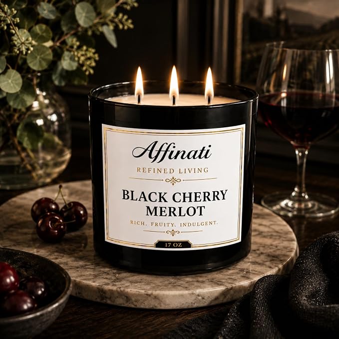 Affinati Black Cherry Merlot 3-Wick Candle – Large Soy Blend Candle, Strong Scent Throw Deep Rich Fruit Wine Candle, Premium Clean Burning Gift for Men & Women