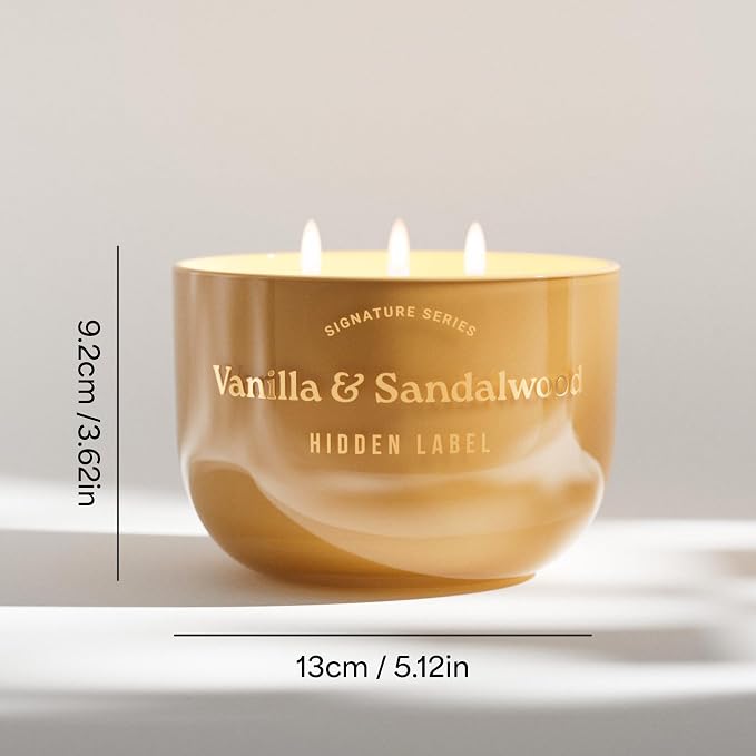 Hidden Label Vanilla Sandalwood Scented Candle, 18oz Large 3 Wick Natural Soy Wax Candle, 70 Hours Burn Time Non Toxic Aromatherapy Candle for Home, Luxury Home Décor & Gift for Women
