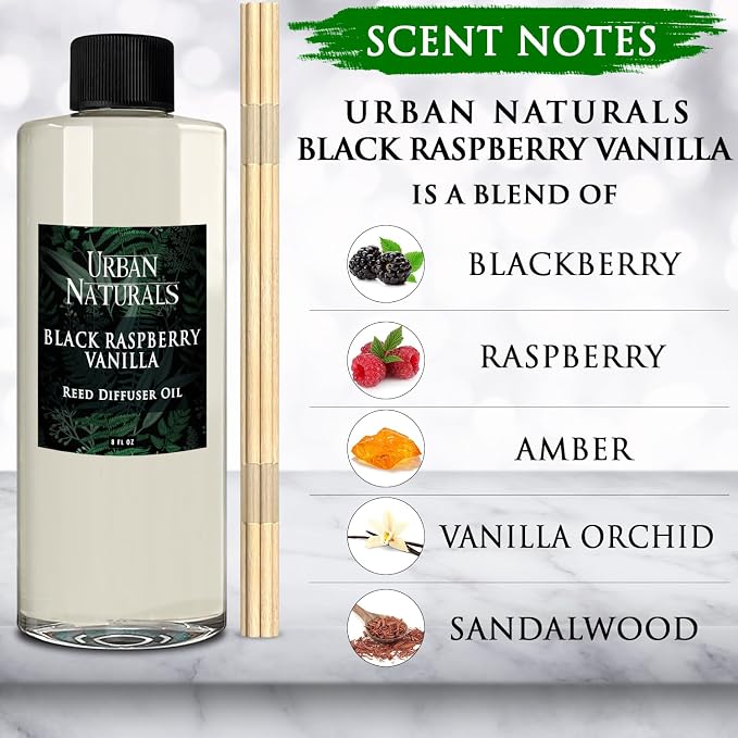 Urban Naturals Reed Diffuser Oil Refill Black Raspberry Vanilla with BlackBerry, Raspberry, Vanilla Orchid, Amber, Sandalwood 8 oz + Free Reed Sticks, Made in the USA