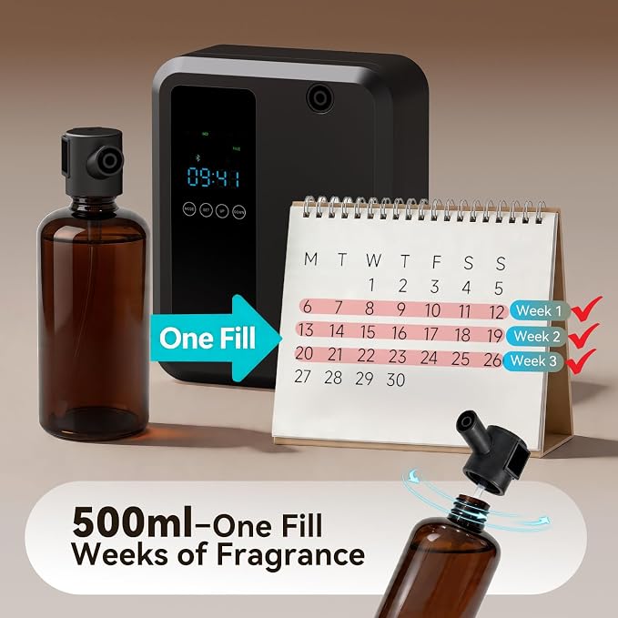Waterless Essential Oil Diffuser 500ml, Bluetooth APP Control Cold Air Scent Machine, Wall Mounted Large Room Diffuser, 2000 sq ft Coverage, Black