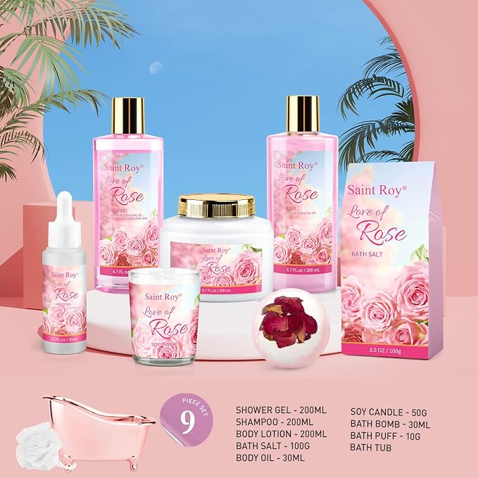 Spa Gifts Basket for Women, Rose Bath and Body Gift, Facial Skin Care Set, Self Care Pampering Kit, Bath Gift Set Spa Gift Set, Home Spa Self Care, Birthday, Mother Day, Bridal Shower