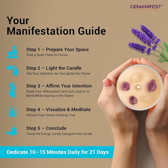Stress Relief Manifestation Crystals Candle, Lavender Essential Oil & Healing Soy Candle Anti-Anxiety, Valentine's Gift for Her/Him, Women's Wellness & Spiritual Healing