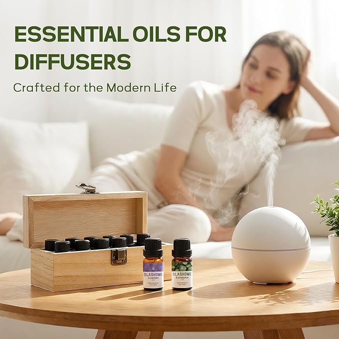 12 Pack Essential Oils for Diffusers for Home - Water Soluble Diffuser Oils Set for Humidifiers & Spa, Scented Oil with Wooden Gift Box for Women - Lavender, Peppermint, Sweet Orange, Tea Tree & More