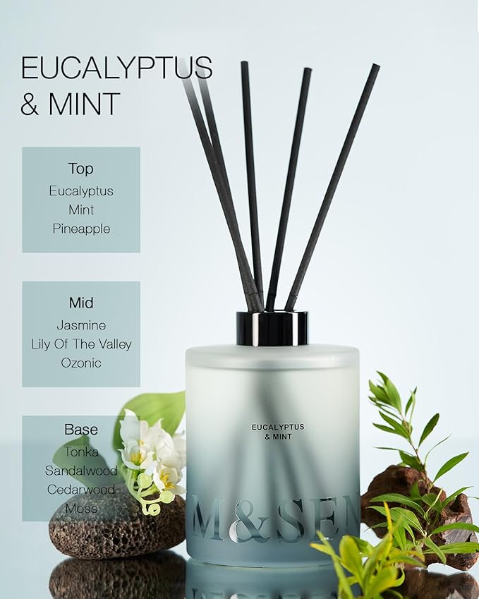 M&SENSE Eucalyptus & Mint Reed Diffuser Set - 16.9 fl oz Long-Lasting Fragrance, Non-Toxic Scent Diffuser with Natural Oil Sticks | Housewarming Diffuser Gift for Holiday, Bathroom & Home Decor