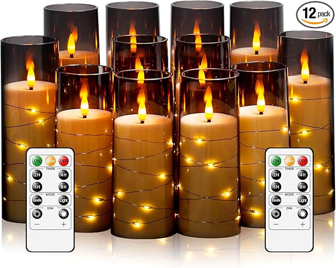 Sasigeiaa Flameless Candles with Embedded Star String - Battery Operated LED Candles, with Remote,12 Grey Flickering Candles for Christmas, Weddings, Home Decor & Party,(D 2.3"×H 5" 6" 7")