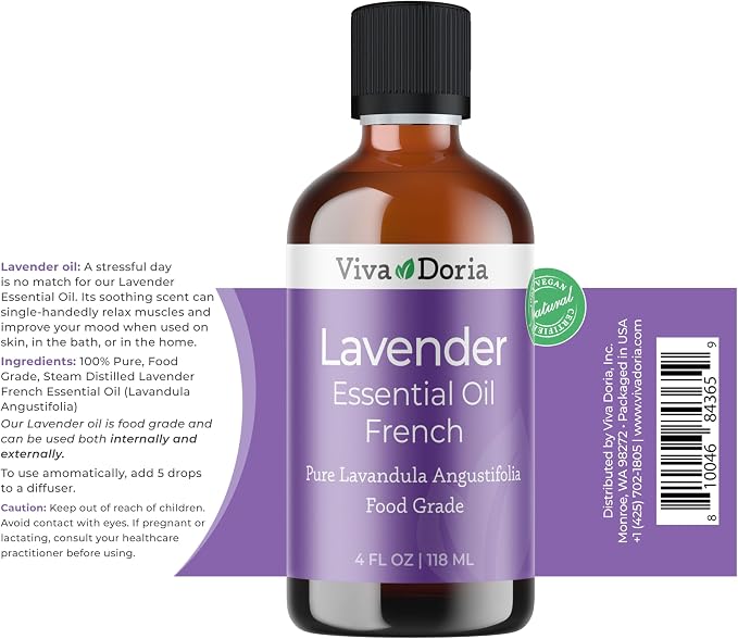 Viva Doria Lavender Essential Oil, 100% Pure, Natural Essential Oil, Undiluted, for Aromatherapy | Food Grade, 118 mL (4 Fluid Ounce)