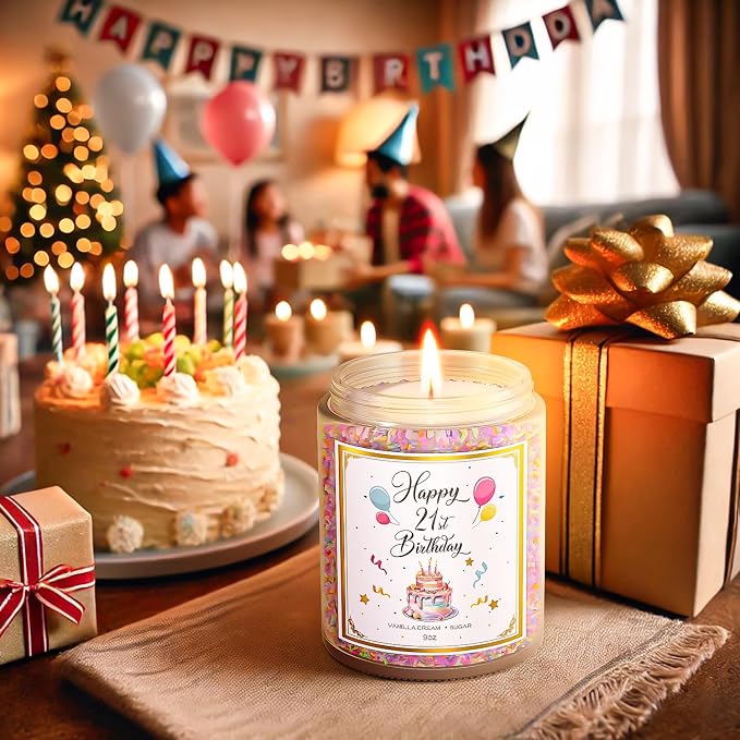 VEGISHINE 21st Birthday Candles Gifts for Women- 9 oz Happy Birthday Candle with Vanilla Birthday Cake Scent, Gifts for Women & Men, Friendship Ideas