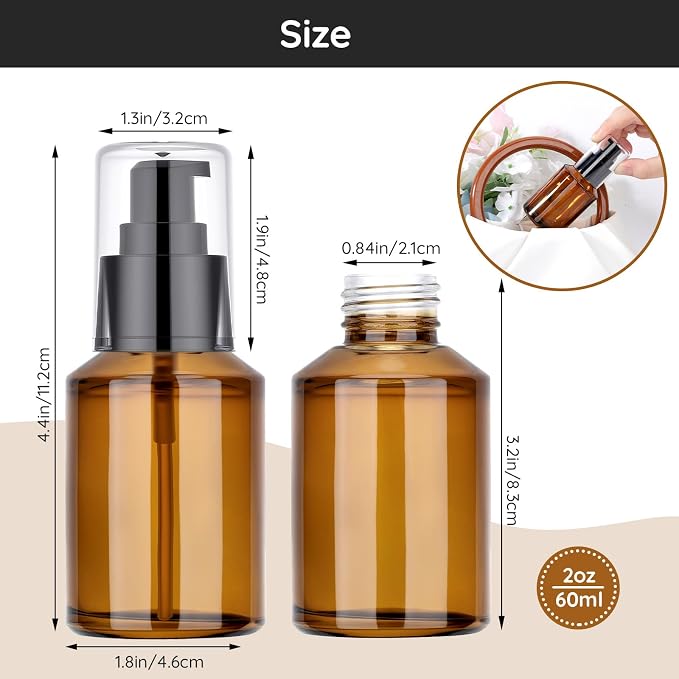 Segbeauty 2oz Refillable Glass Travel Bottles for Toiletries, 3pcs Amber Lotion Pump Bottles Empty, 60ml Mini Travel Lotion Container, Small Liquids Container Bottle Pump Dispener for Creams Oils