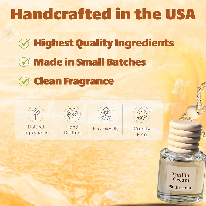 Car Air Freshener Diffuser, Vanilla Cream Aromatherapy, Natural Fragrance Oil, Long Lasting, By Bootleg Collection, Made in USA