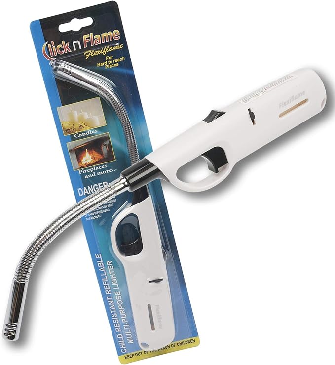 Click-n-Flame 3 Pack Long Flexible Lighter, Refillable Butane, White, Modern Style, Plastic Core, Metal Alloy