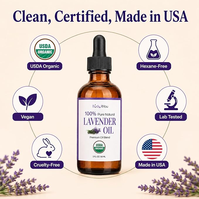 BodyJ4You Lavender Essential Oil Blend - USDA Organic Pre-Diluted MCT Ready to Use - Calming Skin Care for Face Body Sensitive Skin - Vegan Hexane Free Fast Absorbing - Amber Glass Dropper 2 Fl Oz