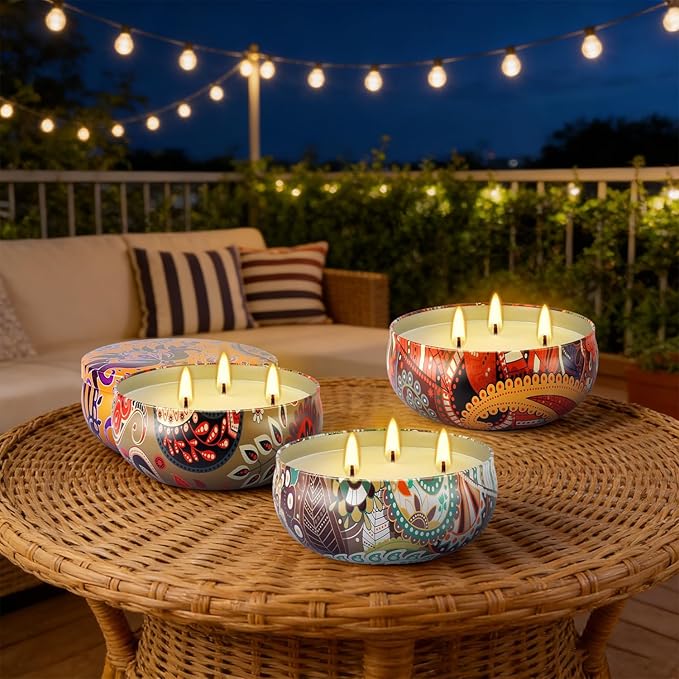 Set of 4 Large 13.5 oz Scented Citronella Candles Outdoor, Natural Soy Wax Floral Tin Candles with Cotton Wicks, Smokeless & Dripless for Patio Garden Camping, Summer Housewarming Gift
