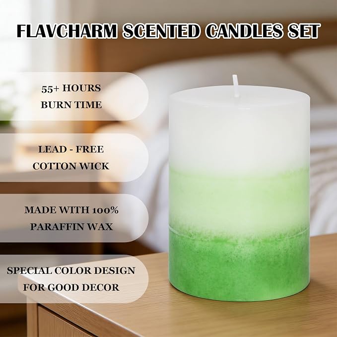 Pillar Candles 3x4 Inch Eucalyptus Scented Hand-Poured Layered Green Gradient Candle Long Lasting Clean Burn Candle for Home Scented Relaxation Spa Holiday Dinner Table Rustic Decor, 3 Pack