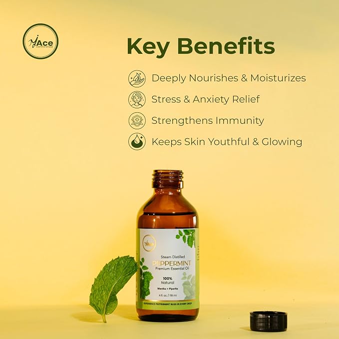 My ACE Peppermint Essential Oil 4 Fl Oz - Pure & Natural - Premium Grade for Aromatherapy, Diffuser, Skin, Hair, Massage, Candle & Soap Making, Home - Glass Bottle with Dropper - Long Lasting Scent