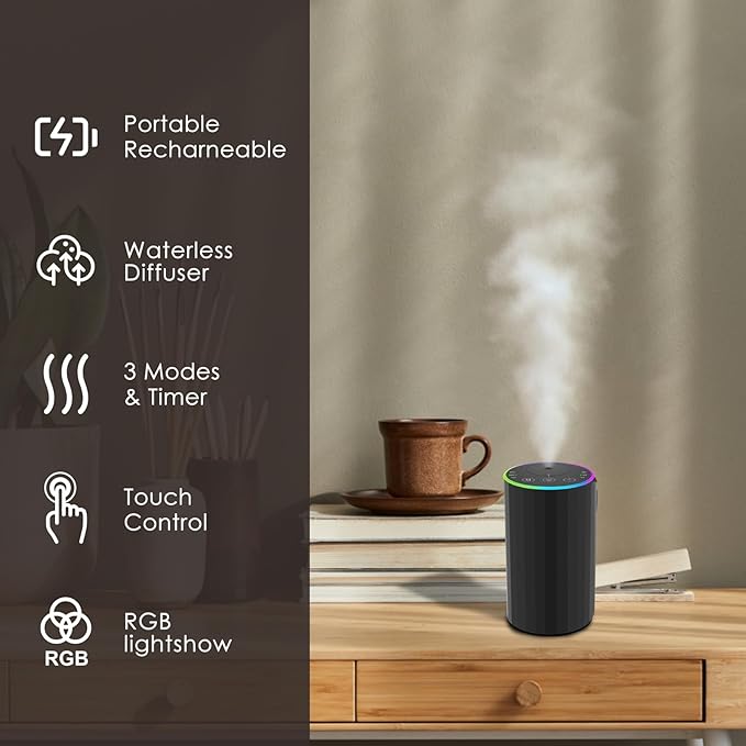 Waterless Essential Oil Diffuser, 7 Colors LED Light, Battery Powered Mini Scent Air Machine, Aromatherapy Mist Diffuser for Home Room Car Office，Black Aluminum Alloy (Black-LED)