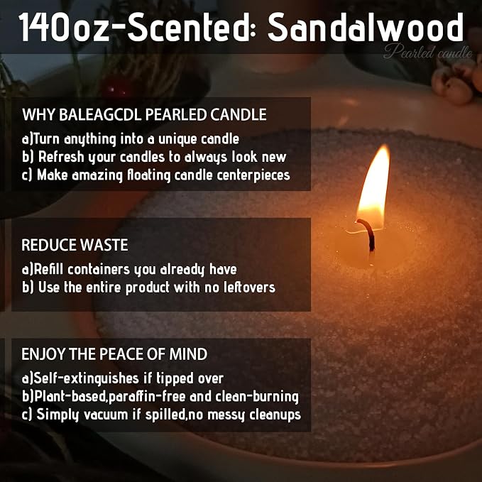 Pearled Candle 140 Oz with 150 Wicks - Sandalwood Scented Sand Candles White Refillable Wax Lasts Up to 600 Hours Smooth and Clean Burning for Candle Making DIY