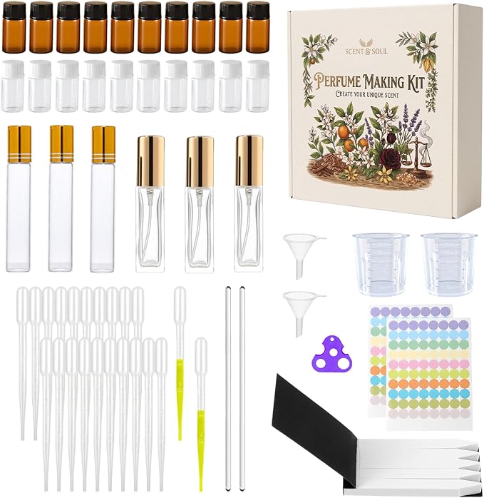 56 Pcs Perfume Making Kit - Includes 100 Fragrance Test Strips, 20 Sample Vials, Roller & Spray Bottles, Glass Beakers, Stirring Rods & Pipettes - DIY Essential Oil Blending Tools, No Oils