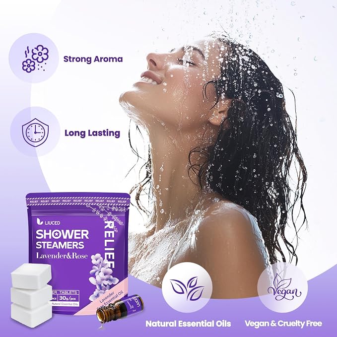 Shower Steamers Aromatherapy - 14 Pack Lavender & Rose Shower Bombs and 5ml Natural Lavender Essential Oils, Birthday Day Gifts for Mom Wife, Self Care Stress Relief Gifts for Women Her