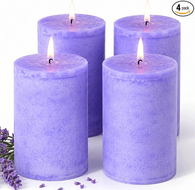 4 Pack Lavender Scented Pillar Candles-2.8x4 in Purple Decorative Candles,60-Hour Long Lasting Burn,Handmade Rustic Pillar Candles for Home Fragrance,Stress Relief, Home Spa & Meditation
