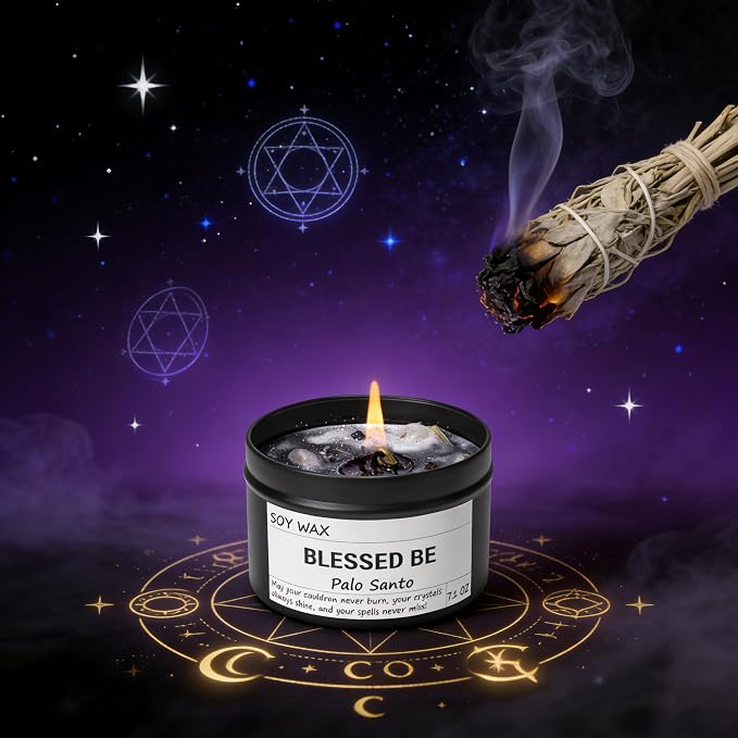 Obsidian Crystal Blessed Be Energy Candle, Good Aura Health Protection, Magical Palo Santo Jar Candle, Witchy Home Ambiance, Witch Spell Ritual Candle for Spiritual Cleansing