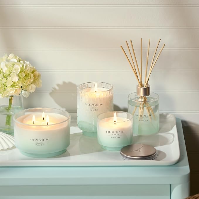 Chesapeake Bay Mood-Evoking Reed Diffuser, Marine Drift Scent, Sea Glass-Inspired Jar, Room Filling Fragrance Made with Essential Oils, Coastal Fragrance for Home Décor or Gifting